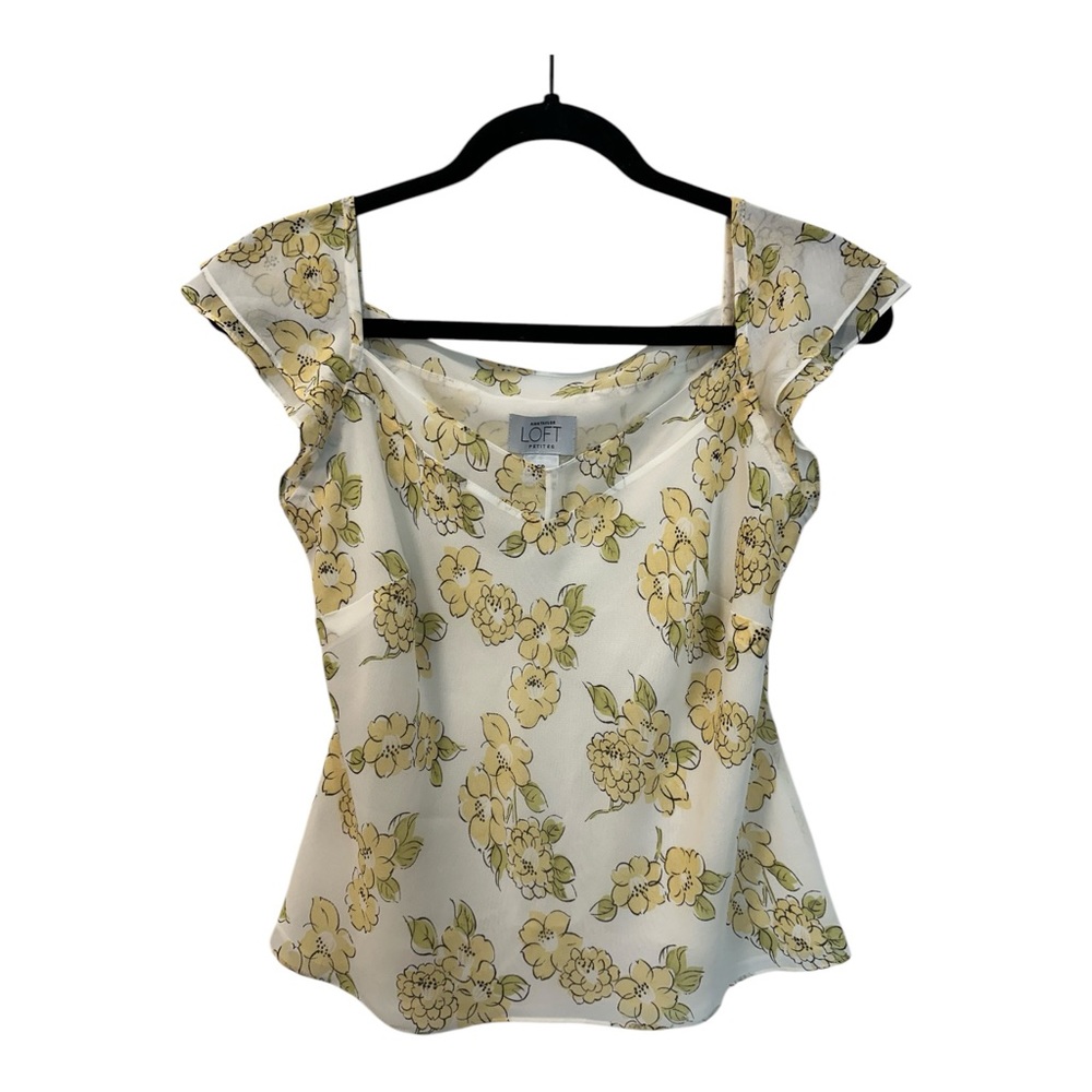LOFT Petite Flutter Cap Sleeve Chiffon Blouse White Floral SZ PS